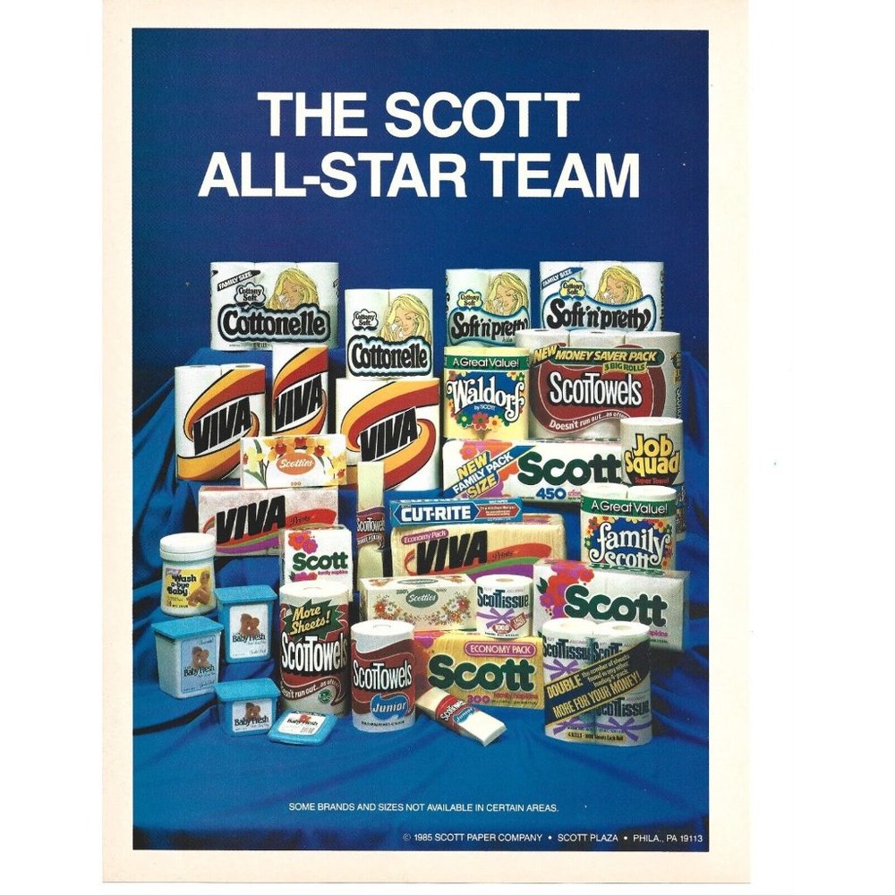 1985 Scott Paper Co Vintage Print Ad All-Star Team Viva Cottonelle Poster Art